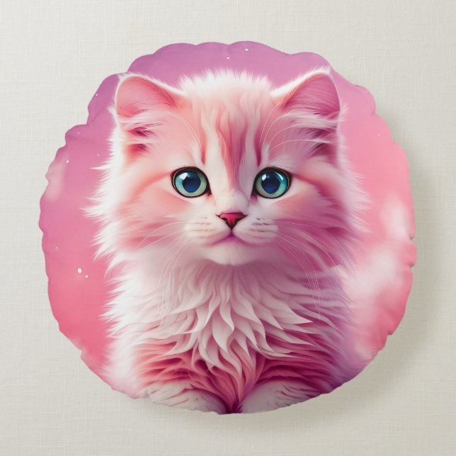 Dreamy Cute Fluffy Rosa Kattunge Rund Kudde (Framsidan)
