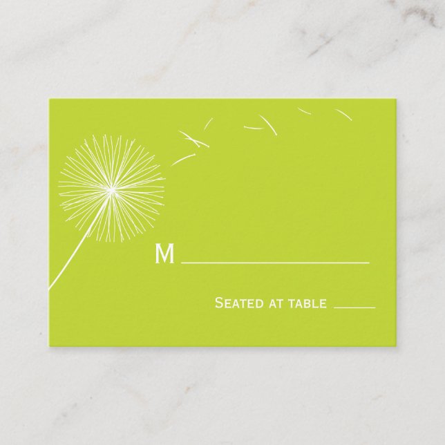 Dreamy Dandelion Bröllop Place Card - Meadow Grönt Placeringskort (Framsida)