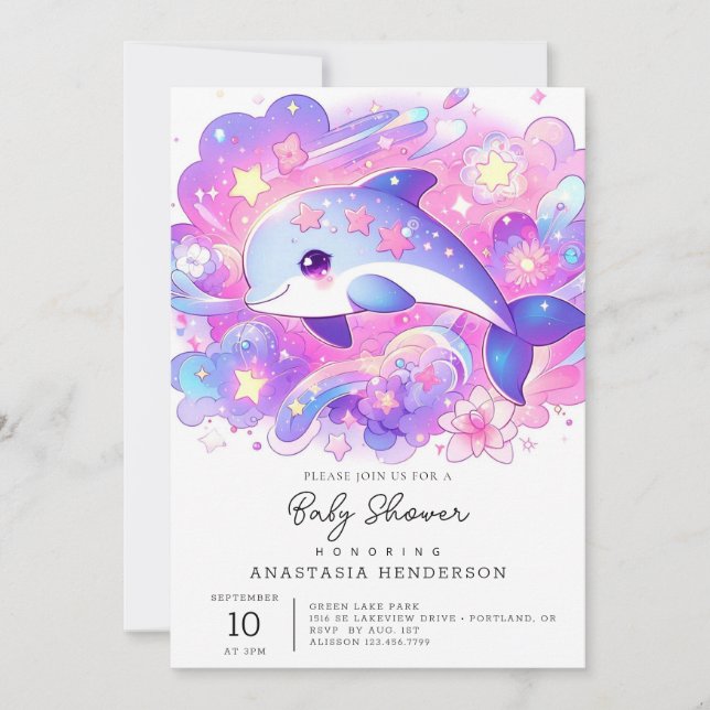 Dreamy Dolphin Baby Shower Inbjudningar (Framsida)