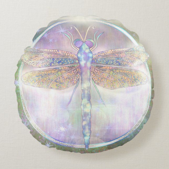 Dreamy Dragonfly “Messenger of Becoming Light” Rund Kudde (Framsidan)
