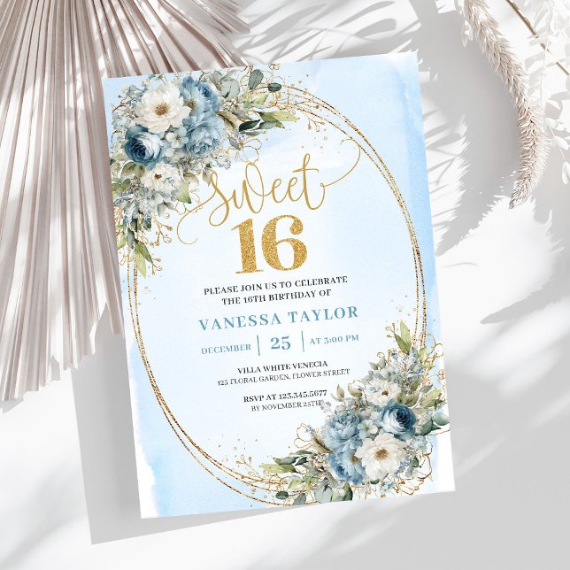 Dreamy Dusty Blue Greenery Sweet 16th Birthday  Inbjudningar (Dreamy Dusty Blue Greenery Sweet 16th Birthday Invite)
