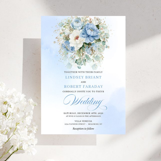 Dreamy Dusty Blue Peony Gold Floral Wedding Inbjudningar (Dreamy Dusty Blue Peony Gold Floral Wedding)