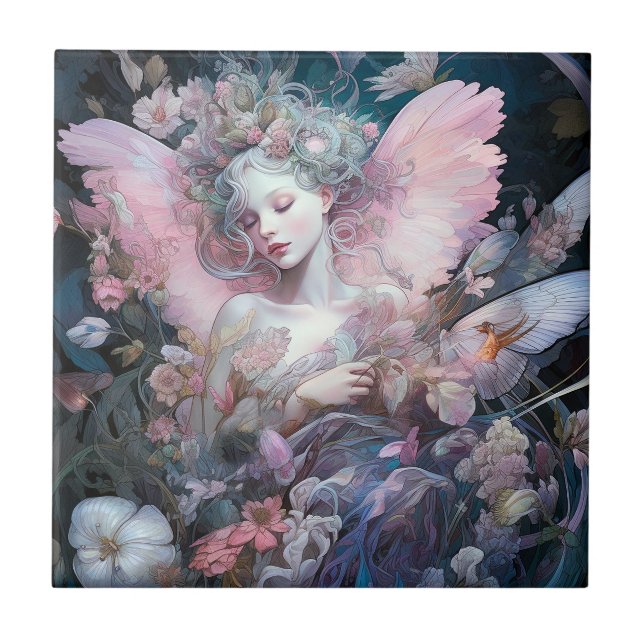 Dreamy Fairy Girl Rosa Blue Fantasy Art Kakelplatta (Framsidan)
