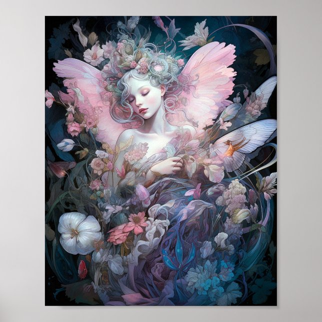 Dreamy Fairy Girl Rosa Blue Fantasy Art Poster (Framsidan)