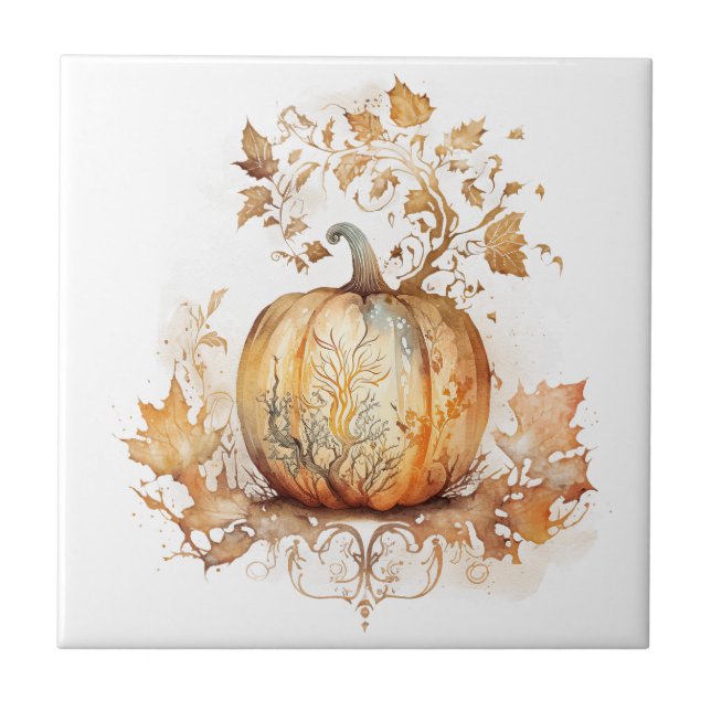 Dreamy faller dekoration med pumpkin och löv kakelplatta (Framsidan)