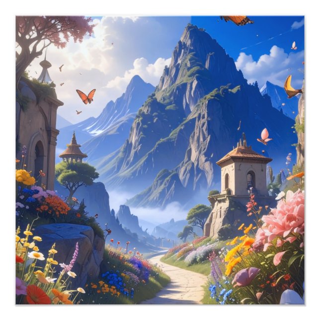 Dreamy Fantasy Landscape Tapestry – Mountains & Bl Fototryck (Framsidan)