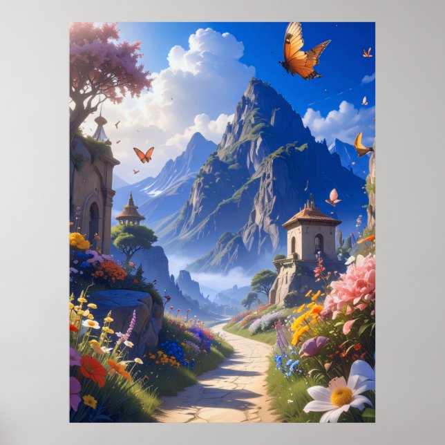 Dreamy Fantasy Landscape Tapestry – Mountains & Bl Poster (Framsidan)