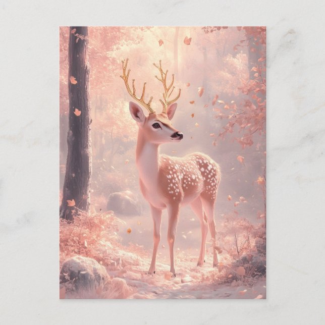 Dreamy Fawn i Rosa Autumn Skogen Vykort (Framsida)