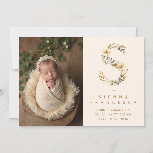 Dreamy Floral S Initial Gold Glitter Newborn Meddelande (Framsida)