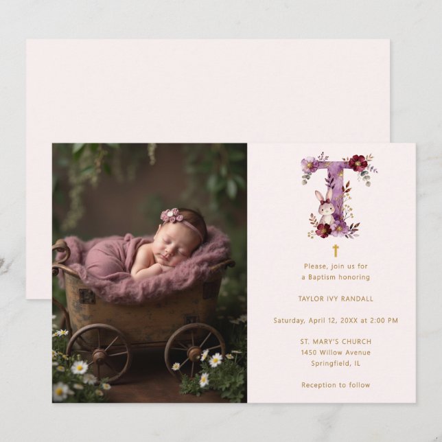 Dreamy Funny Bunny Romantic Floral T Baptism Inbjudningar (Fram/baksida)