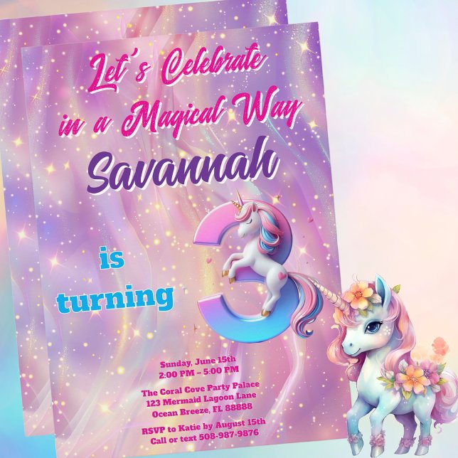 Dreamy Galaxy Unicorn 3:e födelsedagen Party Inbju Inbjudningar (Magical Unicorn Birthday Party Invitation)