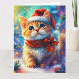 Dreamy Ginger Kitten i Santa Hat Watercolor Kort