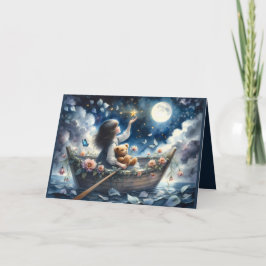 Dreamy Girl Rowing Boat Moonlit Fantasy Scene Kort