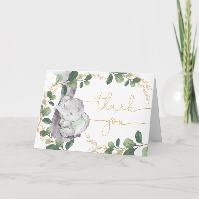 Dreamy Greenery Guld Sleeping Elephant Baby Shower Tack Kort (Framsida)
