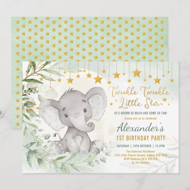 Dreamy Grey Måne & Stars Elefant 1:a födelsedagen Inbjudningar (Fram/baksida)