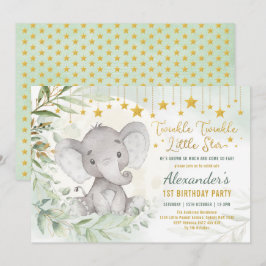 Dreamy Grey Måne & Stars Elefant 1:a födelsedagen Inbjudningar