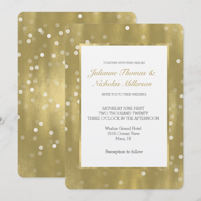 Dreamy Guld och White Confetti Bokeh Bröllop Inbjudningar (Fram/baksida)