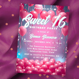 Dreamy Himmel Rosa Balloons Sweet 16 Födelsedagsfe Inbjudningar