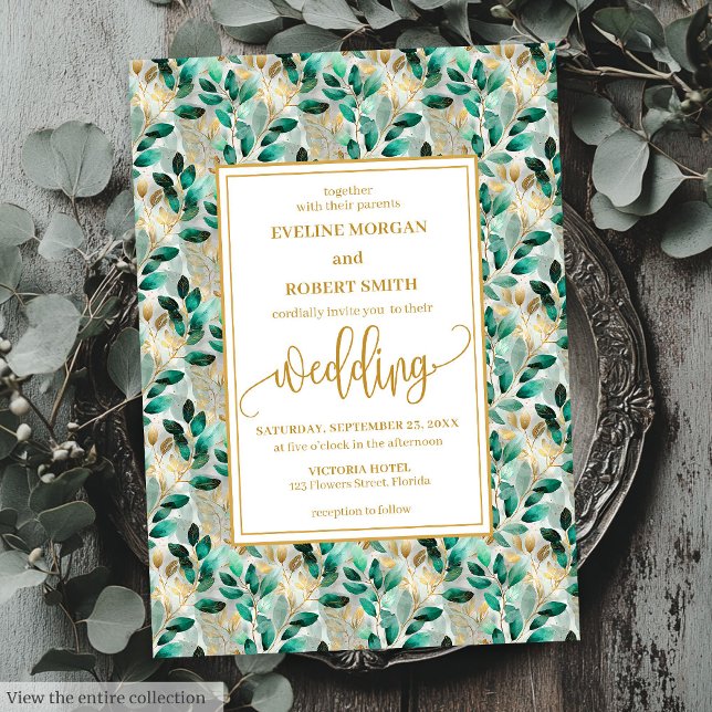 Dreamy Hunter Grönt Guld Greenery Bröllopsinbjudan Inbjudningar (Dreamy Hunter Green Gold Greenery Wedding Invites)