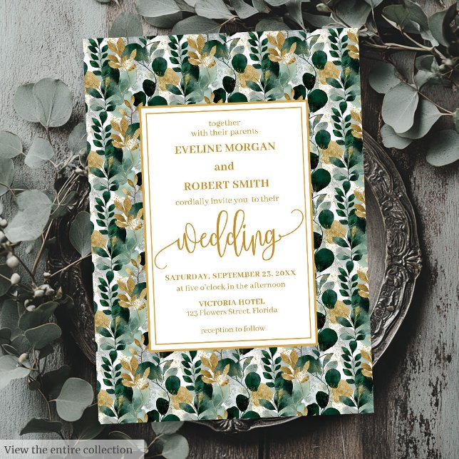Dreamy Hunter Grönt Guld Greenery bröllopsinbjudan Inbjudningar (Dreamy Hunter Green Gold Greenery Wedding Invite)