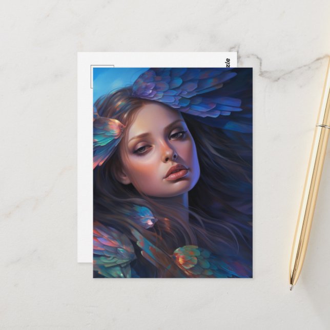 Dreamy Indigo Blue Butterfly Vingar Fantasy Woman Vykort (Fram/Back In Situ)