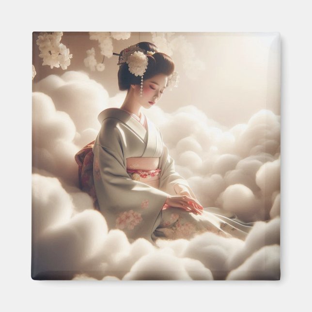 Dreamy Japanese Kimono Woman Floating in Clouds –  Magnet (Framsidan)