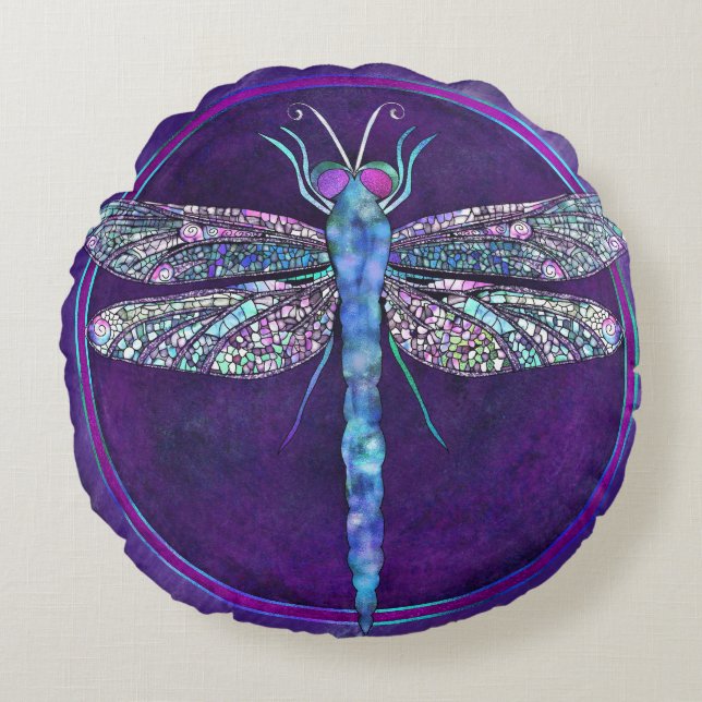 Dreamy Jewel-toned Dragonfly Round Pillow Rund Kudde (Framsidan)
