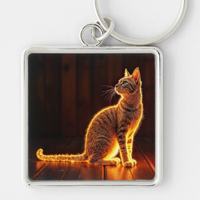 Dreamy kattdjur art guld cat porträtt underbara hu fyrkantig silverfärgad nyckelring (Framsidan)