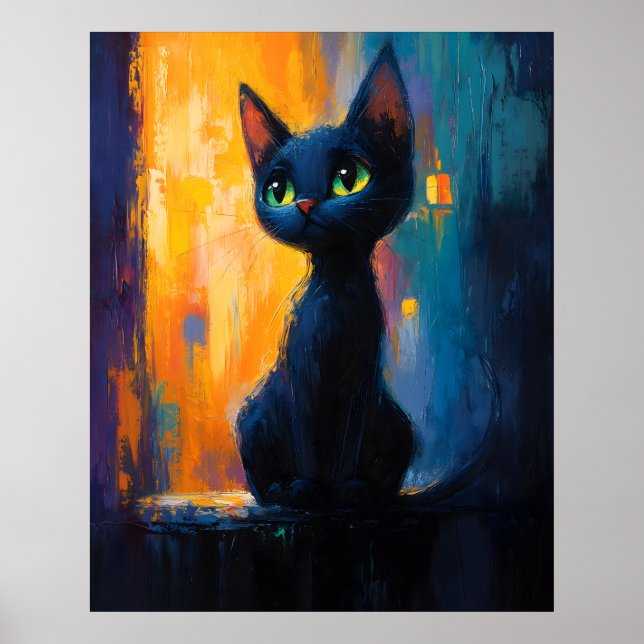 Dreamy Kitten, Black Cat Painting Poster (Framsidan)