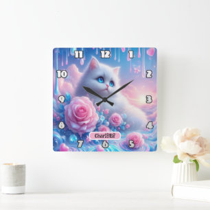 Dreamy Kitten: Rosa ros, Blue Ögon Fyrkantig Klocka