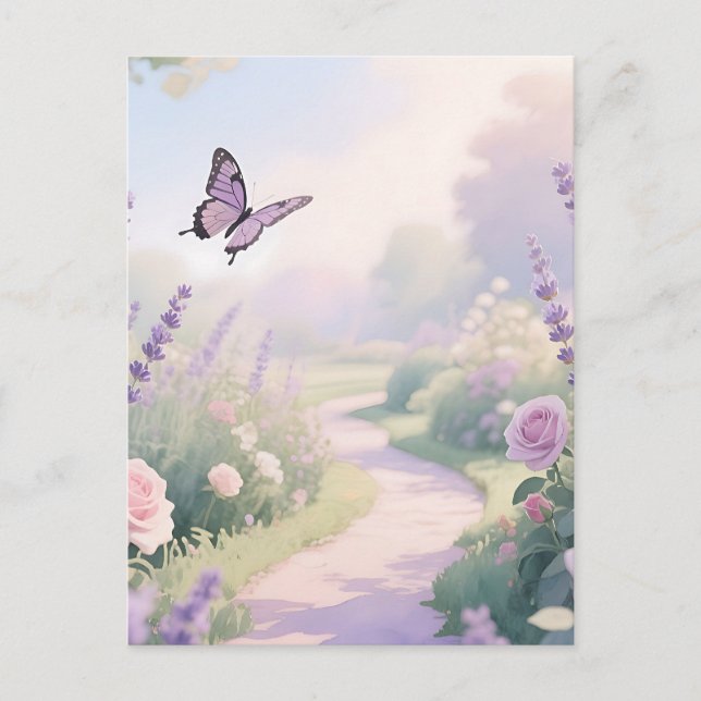 Dreamy Lavender Rose Garden Butterfly Path Vykort (Framsida)