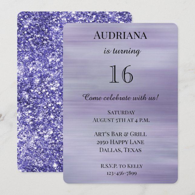 Dreamy Lila Lavender Glam Glitter Birthday Inbjudningar (Fram/baksida)