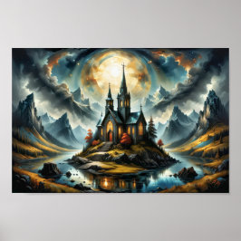 Dreamy lilla bergskyrkan på sjö vid solnedgången poster