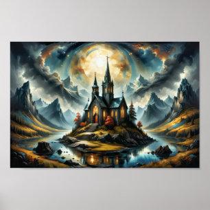 Dreamy lilla bergskyrkan på sjö vid solnedgången poster