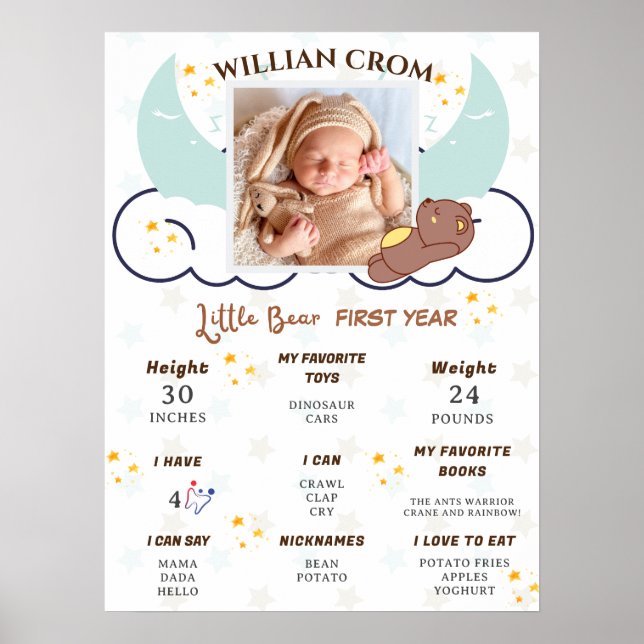 Dreamy Little Bear 1:a året Birthday Milestone Poster (Framsidan)