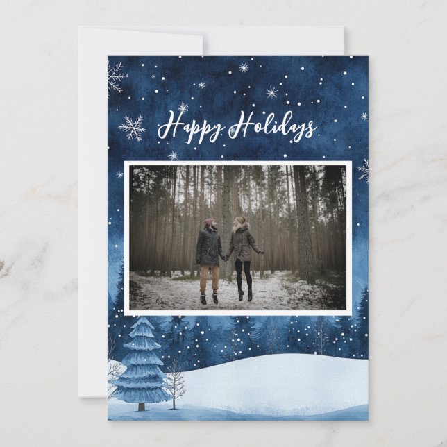 Dreamy Magic Navy Blue Snowy Helgdag Photo Julkort (Framsida)