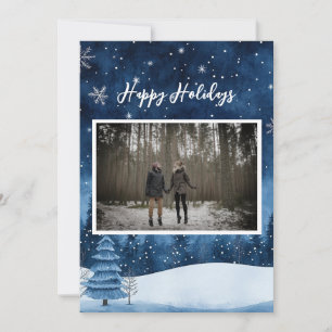 Dreamy Magic Navy Blue Snowy Helgdag Photo Julkort
