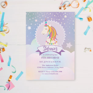Dreamy Magic Rainbow Unicorn Barns födelsedag Inbjudningar