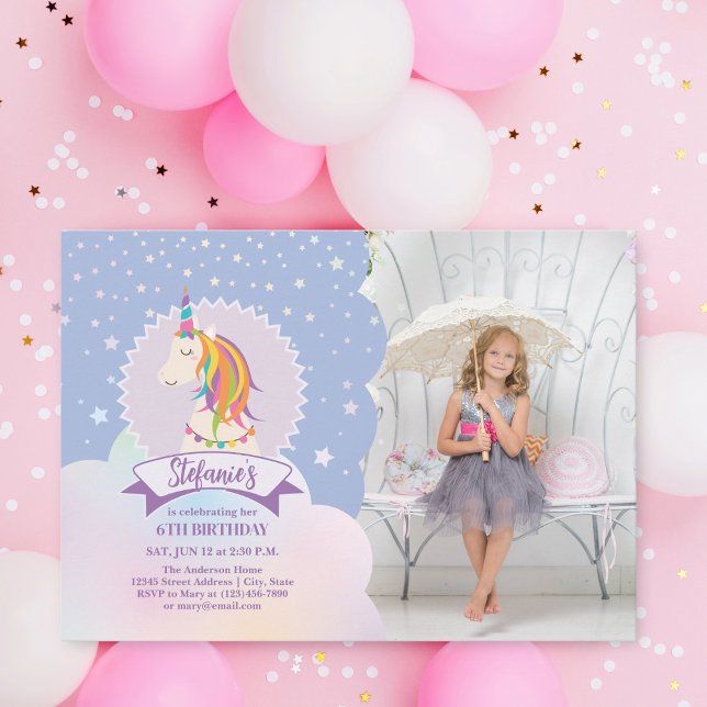 Dreamy Magic Rainbow Unicorn Girl Birthday Photo Inbjudningar (Skapare uppladdad)