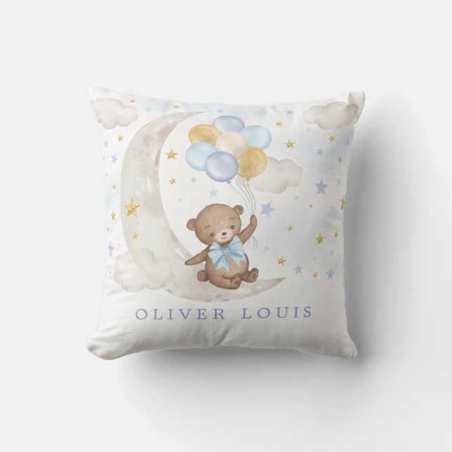 Dreamy Måne Nalle Blue Guld Balloons Pojke Kudde (Framsida)