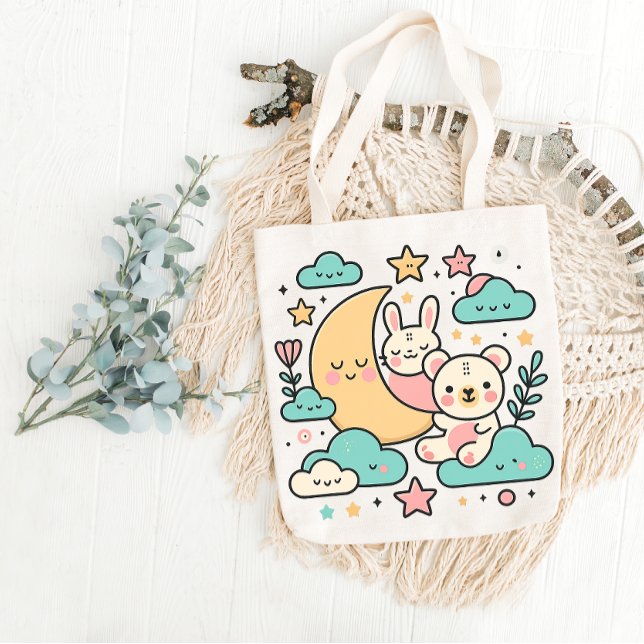 Dreamy Moon Bunny and Bear Tote Bag Tygkasse (Skapare uppladdad)