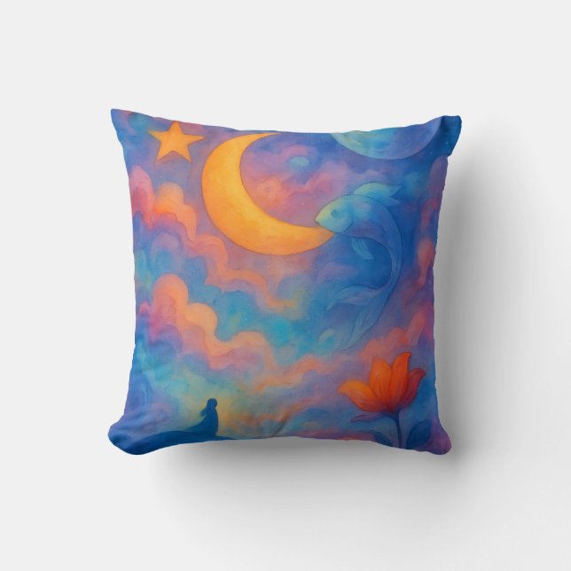 Dreamy Moon & Star Fantasy Watercolor Art Kudde (Framsida)
