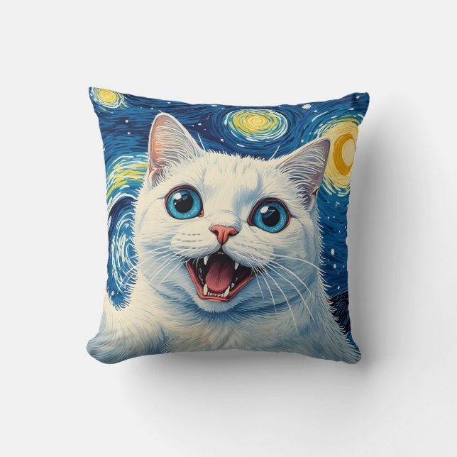 Dreamy Moonlight Starry Night White Cat Pillow Kudde (Framsida)