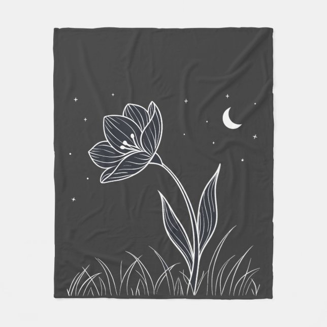 Dreamy Moonlit Flower Line Art med stjärnor Fleecefilt (Framsidan)