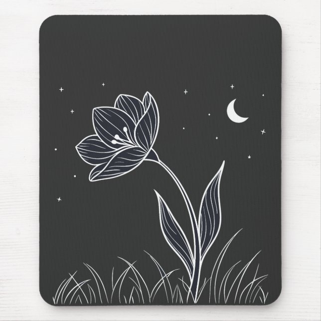 Dreamy Moonlit Flower Line Art med stjärnor Musmatta (Framsidan)