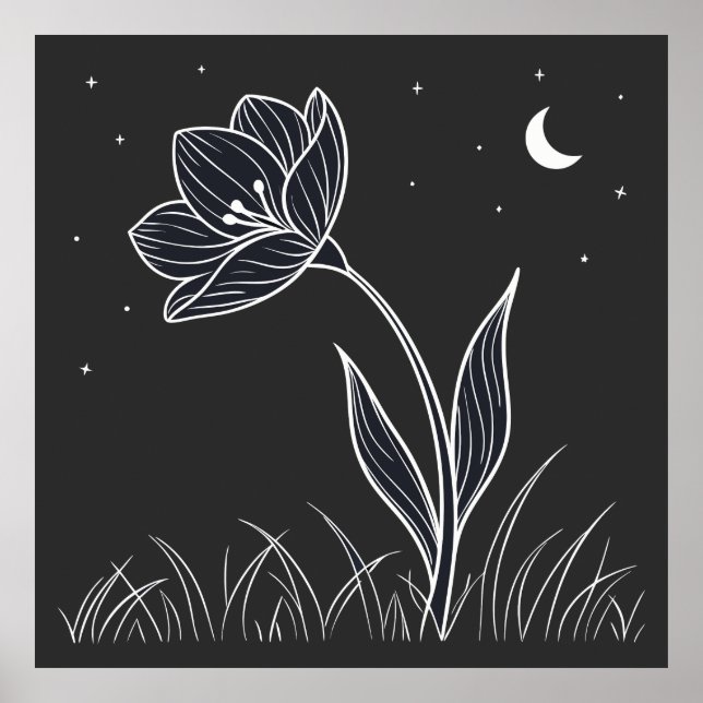 Dreamy Moonlit Flower Line Art med stjärnor Poster (Framsidan)