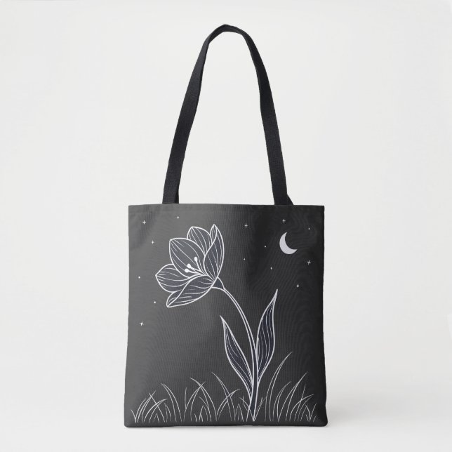 Dreamy Moonlit Flower Line Art med stjärnor Tygkasse (Framsida)