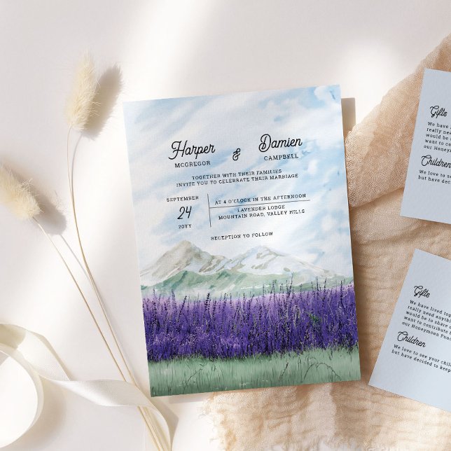 Dreamy Mountain Lavender Watercolor Bröllop Inbjudningar (Watercolor Destination Wedding Invitation from my Mountain Lavender Wedding Collection)
