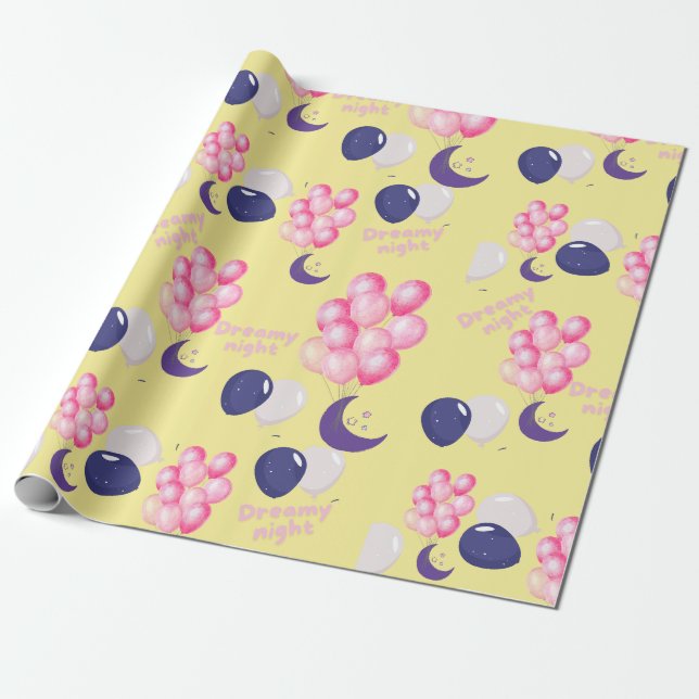 Dreamy Night Balloon Rosa & Navy Balloons Presentpapper (Utrullad)