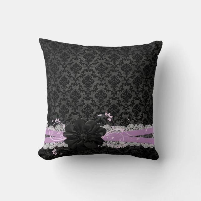 Dreamy Night Black Flower Damask Pillow Kudde (Framsida)